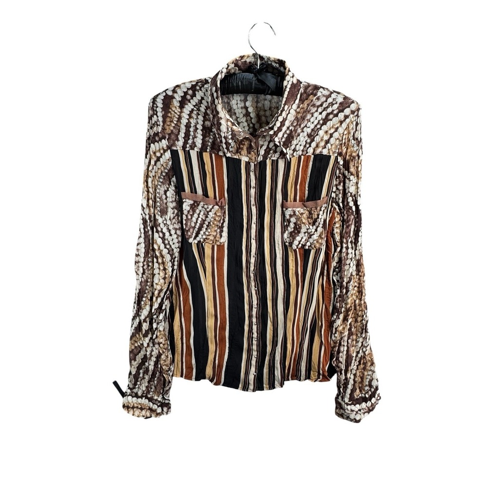 Le Caviar Vintage Crinkle Blouse Womens M Brown Stripe Abstract Snap Front Top